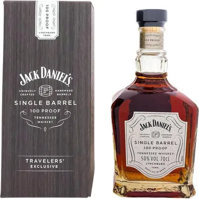 A bottle of Jack Daniel's Single Barrel Tennessee Whiskey and its packaging are shown.