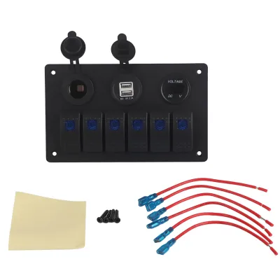 Zdjęcie produktu dla przełącznik kołyskowy LED 12V 24V 6 biegów Samochód Łódź Podwójny woltomierz USB Zapalniczka Niebieski