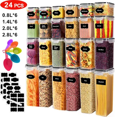 Produktbild von 24er Set Vorratsdosen Luftdicht, Aufbewahrungsbox Küche mit Deckel aus Plastik, Vorratsbehälter,food storage containers für Spaghetti, Mehl, Müsli, Cornflakes(0.8L\1.4L\2.0L\2.8L)*6