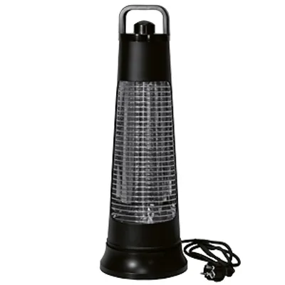 A black electric heater with a transparent grill and a handle on top, placed on a white background.