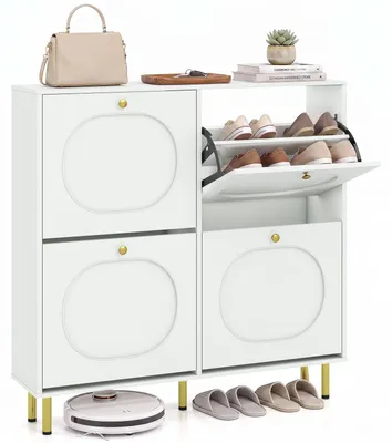 Image de Armoire à chaussures COSTWAY, meuble à chaussures étroit avec 4 portes, étagère à chaussures avec séparations, meuble d'entrée avec 5 pieds en métal, dimensions : 100 x 24 x 98 cm