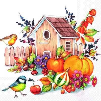 Produktbild von 20 Servietten Autumn Birdhouse - Vogelhaus an Herbsternte 33x33cm