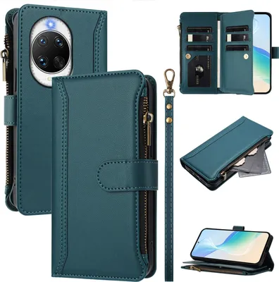 Image de Etui pour Huawei Nova 14 Pro, avec fermeture éclair, étui portefeuille en cuirPolyuréthaneà rabat avec poches pour cartes, support et boucle pour les mains, vert