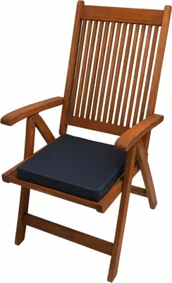 A wooden garden chair with a dark blue cushion.