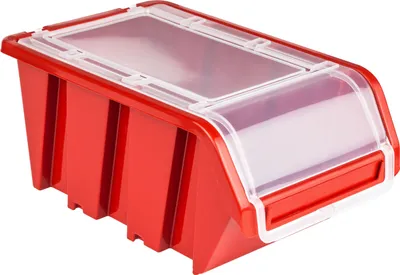 A red plastic storage box with a clear lid, shown from a slightly elevated side angle.