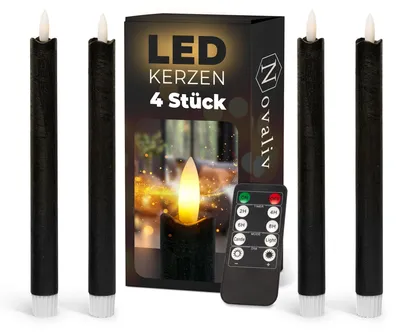 Produktbild von Stabkerzen LED mit Timer SCHWARZ 4 Stück indoor 6 Stunden - ECHTWACHS 23cm Höhe für Kerzen 2,2cm Durchmesser 2 AAA Batterien notwendig LED Stabkerzen flackernde Flamme bewegliche Flamme Licht