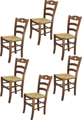 Image de t m c s Tommychairs - Lot de 6 chaises SAVOIE pour la cuisine et la salle à manger, structure robuste en hêtre laqué, coloris brun noyer et assise en paille
