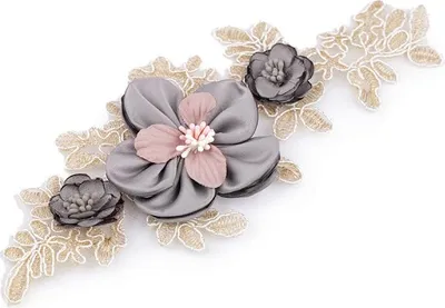Produktbild von 1 Spitze 9x23cm gold Applikation grau Aufnäher Stickerei Blumen Blüten 3D Nr.: 20
