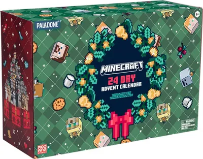 A Minecraft themed 24-day advent calendar box with a festive wreath design.