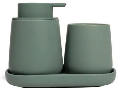 Image de Ensemble de salle de bain vert, 3 pièces : distributeur de savon en céramique, gobelet à brosse à dents, étagère de salle de bain