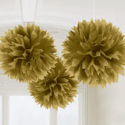 Image de Décoration pompon duveteux doré - 3 pièces (40,6 cm)