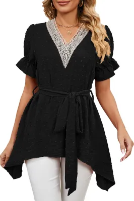 Produktbild von ASKSA Damen Chiffon Spitze Kurzarm Shirt V-Ausschnitt Tunika Bluse Einfarbig T-Shirts Oberteile, Schwarz, XXL