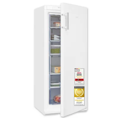 A white upright freezer with its door open, showing multiple transparent drawers filled with food items. It is placed against a white background and has several certification stickers on its door.