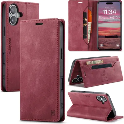 Image de Étui pour iPhone 16, étui rétro en cuir PU, support et étui de protection rouge