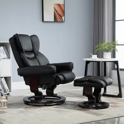 Zdjęcie produktu dla Fotel rozkładany HOMCOM z podnóżkiem, obrotowy fotel telewizyjny 360° z funkcją odchylania, tapicerowany fotel do salonu, sypialni, ze skóry ekologicznej, czarny
