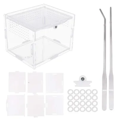 Produktbild von Omgoods – Futterbox transparent – Acryl-Zuchtbox – Terrarium – Pinzette – Belüftungsöffnungen – 10x8x7 cm