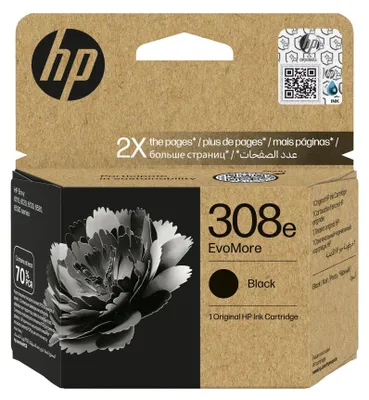 The image shows the packaging of an HP 308e EvoMore Black Original Ink Cartridge.