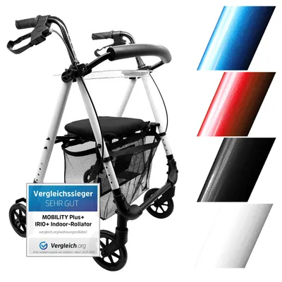 Produktbild von Leichter Indoor Rollator IR10+ Weiß - Wohnungsrollator schmal & faltbar - inkl. Rückengurt, Netztasche & Tablett - MOBILITY PLUS+