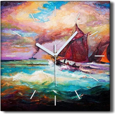 Produktbild von Coloray Hodiny Unikátní 30x30 cm  Tiché hodiny Pro obývací pokoj a kuchyň Nástěnné hodiny Plátno Černé ručičky hodin - Mořské vlny lodí