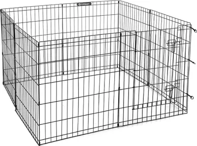 A black metal dog playpen is shown from a slightly elevated angle against a white background.