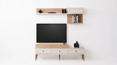 Image de Meuble TV Alacati, style rustique, blanc, ensemble élégant pour salon