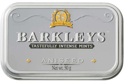 Image de Pastilles Barkleys Aniseed au goût d'anis dans une boîte métallique 50g