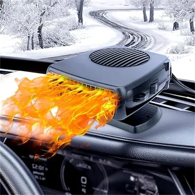 A portable car heater is shown on a car dashboard, with flames emanating from it, set against a snowy road background.
