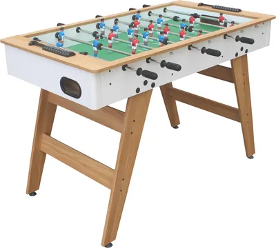A foosball table is shown from a three-quarter angle against a white background.