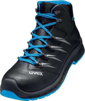 A black and blue work boot is shown against a white background.