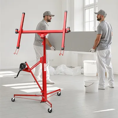 Produktbild von Ikodm Plattenheber 68 kg Q195-Stahl, Arbeitshöhe 126–325 cm, 60° neigbar, 360° drehbar, Sicherheitswinde, 3 Rollen, Rot