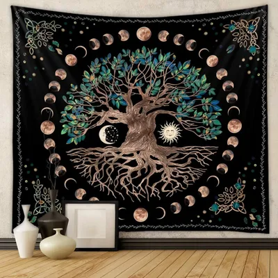 Produktbild von Baum des Lebens Wandteppich, Mond und Sonne Schwarz Wandbehang, Psychedelisches Mandala Sternenhimmel Wandtuch, Hippie Wanddekoration für Schlafzimmer