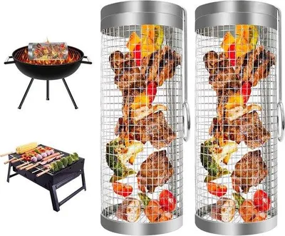 Produktbild von Camping-Grillhalter aus Edelstahl - 2er Set - zylindrisch - für BBQ - Camping - Grillzubehör - für Fisch Fleisch und Gemüse