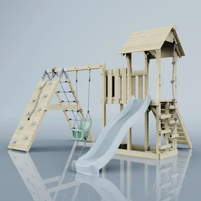 Produktbild von OutdoorToysOutdoor Spielturm mit Wellenrutsche, Klettergerüst mit Kletterturm, Kletterwand und Klettwernetz, Ausführung: Babyschaukel, Farbe: Eisblau, mit Babyschaukel