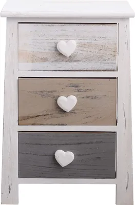 Image de Rebecca Mobili Table de nuit style vintage 3 tiroirs, bois, blanc, beige et gris
