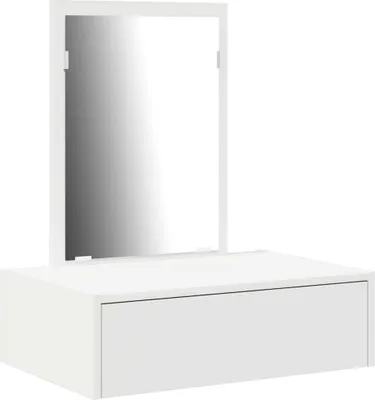 A white vanity table with a mirror and a single drawer, shown against a white background.