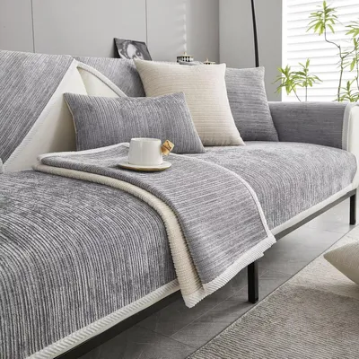 Image de Housse de canapé d'angle, 70 x 210 cm, gris clair, en velours, antidérapante