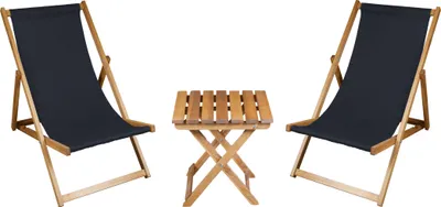 Produktbild von MebloStyl Gartenmöbel-Set, 3-teilig (2 Liegestühle, 1 Beistelltisch) aus Teakholz & 100% Polyester Graphit, Geölt. Mit dreistufiger Rückenlehne & abnehmbarem Bezug, bis 120 kg belastbar. Liegestuhl-Maße: B 0,58m x H 1,2m x T 0,94m. Ideal für Garten & Strand. Design Twisted. Made in Polen.