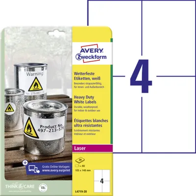 Produktbild von Avery Zweckform L4719-20 Wetterfeste Folien-Etiketten, 105 x 148 mm, 20 Bogen/80 Etiketten, weiß
