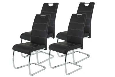 Produktbild von 4er Set Esszimmerstuhl Flora - Bezug Kunstleder Schwarz - Metallgestell verchromt - 120kg belastbar - Lehne mit Griff