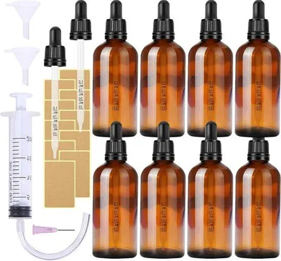 Obrázek produktu pro Sada skleněných zkumavek, 8 ks, 100 ml – Lékařské lahvičky na tekutiny – Černé – Uzávěr s pipetou – Štítky – Pomůcky