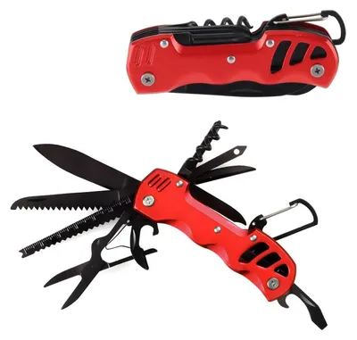 Immagine prodotto di Coltello multiuso pieghevole, 12 funzioni, rosso, con sistema di blocco di sicurezza, acciaio inossidabile 2Cr13