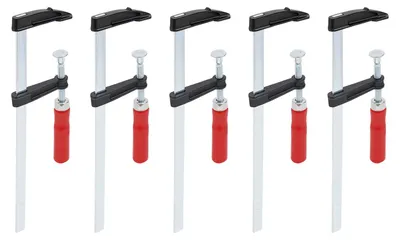 Image de Lot de 5 pinces de serrage en forme de "F" pour travaux sur bois - Pinces à serrage rapide - Portée de 5 cm - Capacité de serrage de 25 cm - Poignée ergonomique - Antidérapante - Rouge