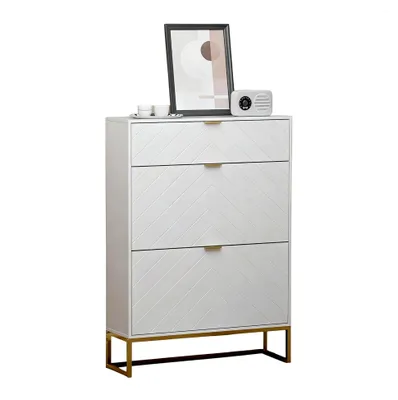 Produktbild von Schuhschrank mit 3 Klappen, schmal, Schuhablage, Schuhkommode, Schuhregal, Schuhkipper, platzsparend, mit Kippschutz und verstellbarer Trennwand für Wohnzimmer und Flur, 80x24x122cm, Weiß