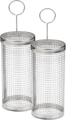 Produktbild von 2er Set Zylindrischer Grillkorb Rund aus Edelstahl mit 1x Haken einfach zu Befüllen, 20 x 9 cm Grillguthalter für Gemüse Meeresfrüchte Pilze