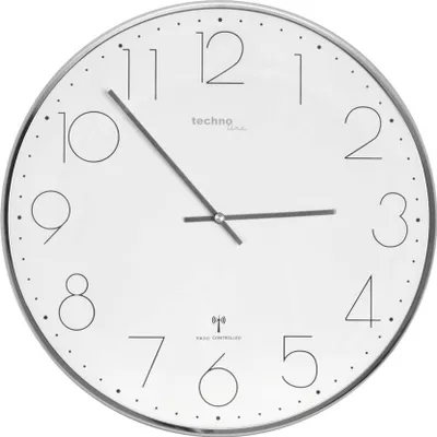 A close-up view of a white analog wall clock with a silver frame.