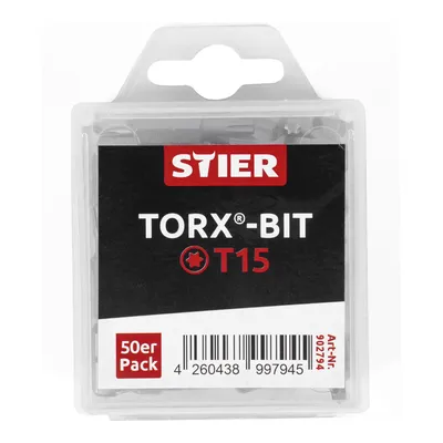 Produktbild von STIER TORX-Bit-Großpackung, 50 Bits, T 15, 25 mm Länge, Profi Werkzeug, leistungsstark und langlebig, praktische Plastikbox, ideal für vielseitigen Einsatz