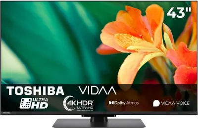 A television screen displaying a close-up of an orange flower with green leaves. The bottom of the screen shows brand logos and feature text.