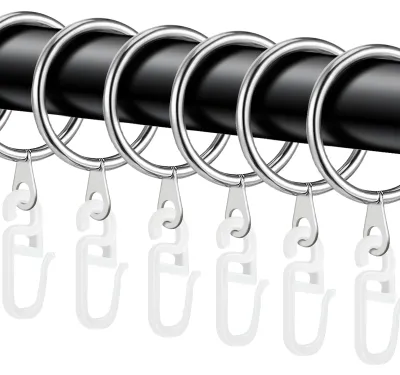 Produktbild von 40 Stück silberfarbene Metallgardinenringe, Aufhängeringe und Kunststoffgardinenhaken für Bettgardinen, Duschgardinen und Fenstergardinen (30 mm Innendurchmesser)