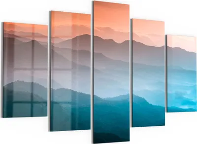Produktbild von DEQORI Glasbilder 5-tlg 150x100 cm 'Verschleierte Bergketten' Wandbilder XXL groß