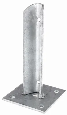 A galvanized metal post anchor with a square base and a U-shaped bracket.